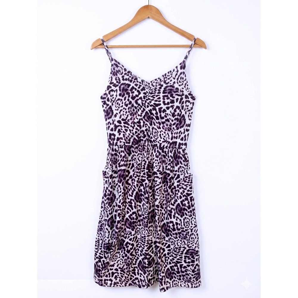 Yathon Womens Dark Gray Leopard Print Ruched V-Neck Sun Dress with Pockets MED